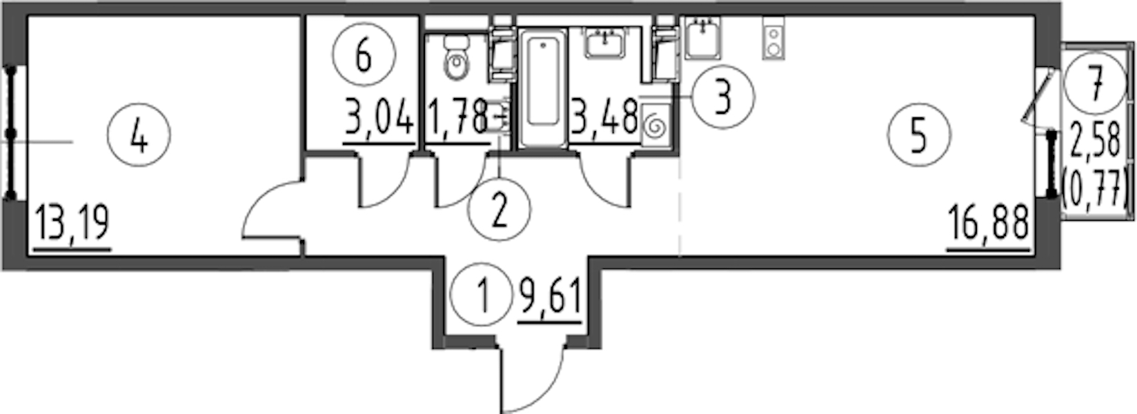 1-комнатная квартира 48.75 м², 2/13 эт., ЖК «Квартал Торики»